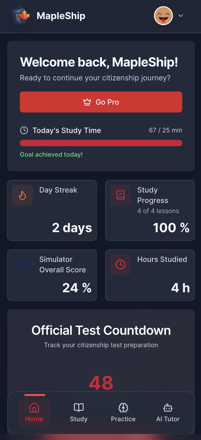 MapleShip portal mobile view in dark mode